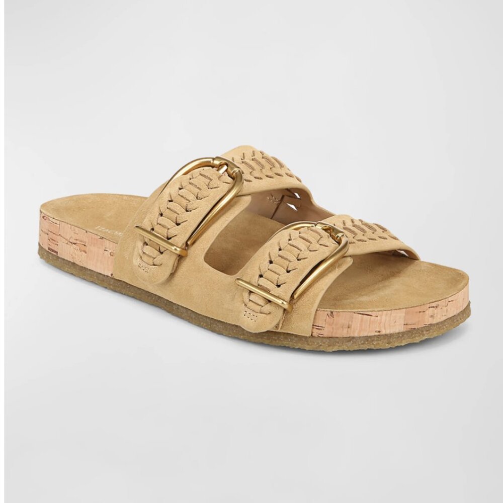 New! Paige Woven Suede Dual-Buckle Slide Sandals